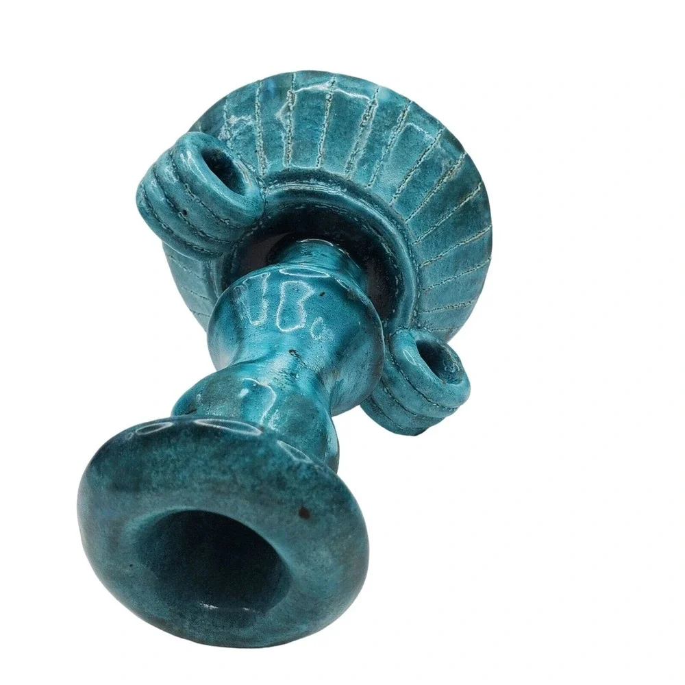 Turquoise Art Pottery Vase Ceramic Double Handle Ribbed Boho Decor Candlestick